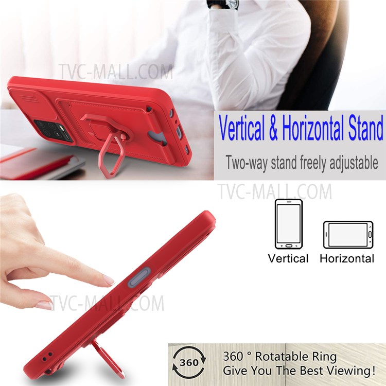 Card Slot Design Multifunctional Soft TPU Phone Case Shell with Rotatable Finger Ring Kickstand for Oppo A54 4G - Red-3