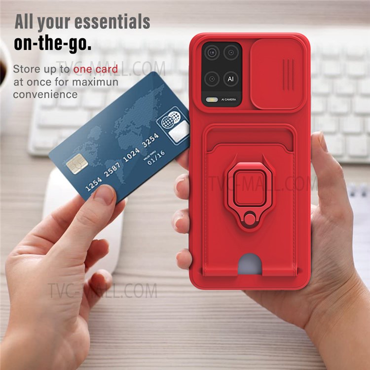 Card Slot Design Multifunctional Soft TPU Phone Case Shell with Rotatable Finger Ring Kickstand for Oppo A54 4G - Red-4