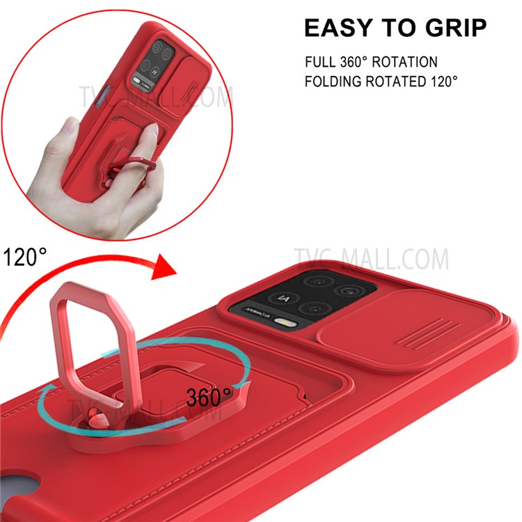 Card Slot Design Multifunctional Soft TPU Phone Case Shell with Rotatable Finger Ring Kickstand for Oppo A54 4G - Red-5