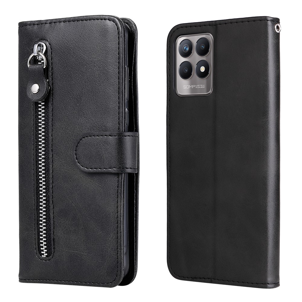 Folio Flip PU Leather Phone Case Zipper Pocket Design Wallet Drop-Resistant Case with Stand for Realme 8i - Black-1