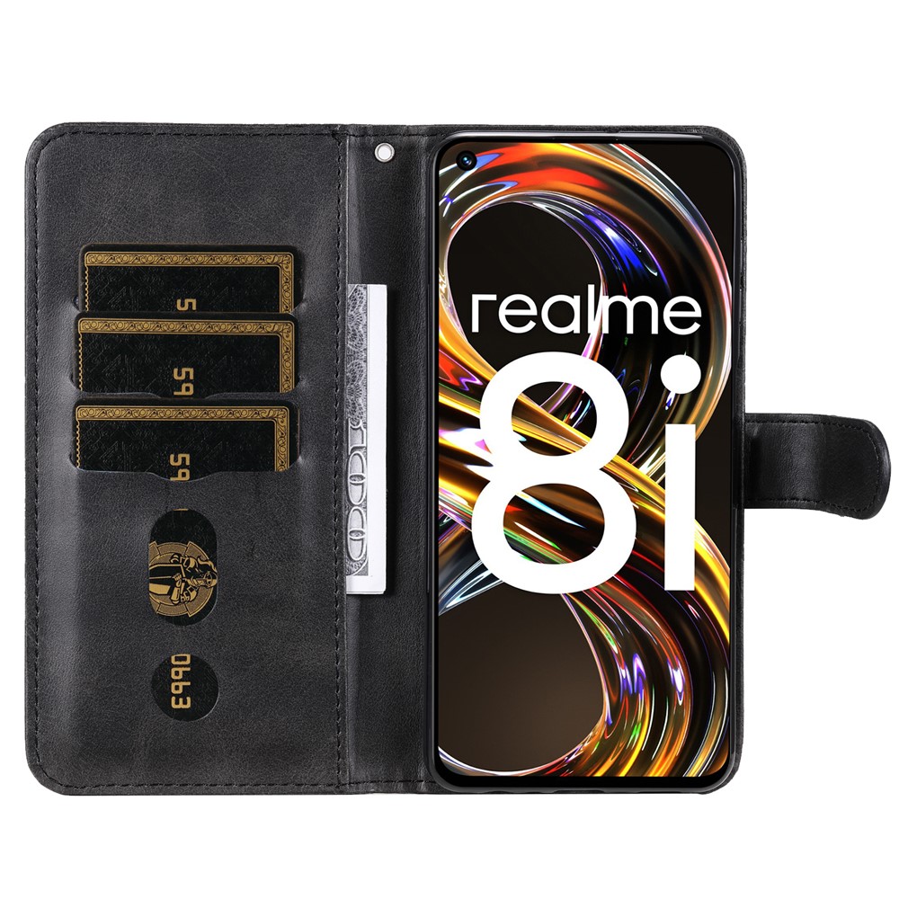 Folio Flip PU Leather Phone Case Zipper Pocket Design Wallet Drop-Resistant Case with Stand for Realme 8i - Black-4