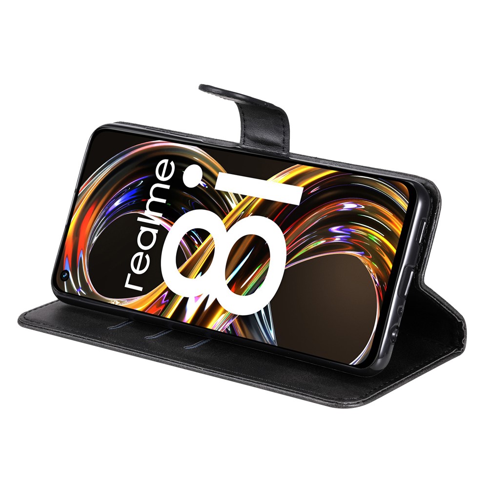Folio Flip PU Leather Phone Case Zipper Pocket Design Wallet Drop-Resistant Case with Stand for Realme 8i - Black-5