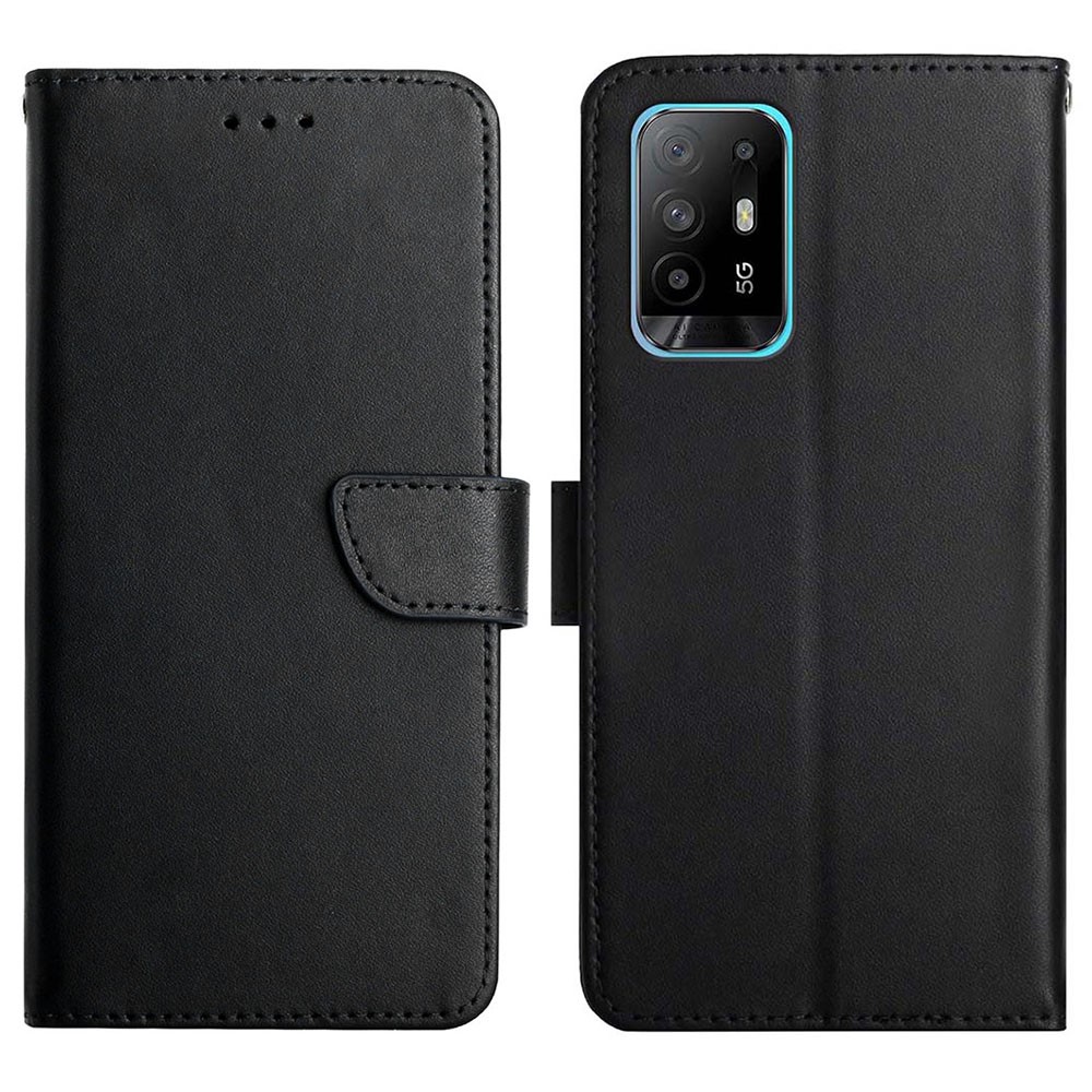 All-round Protection Nappa Texture Solid Color Horizontal Stand Wallet Case Genuine Leather +TPU Phone Covering for Oppo A95 5G/A94 5G/Reno5 Z - Black-1