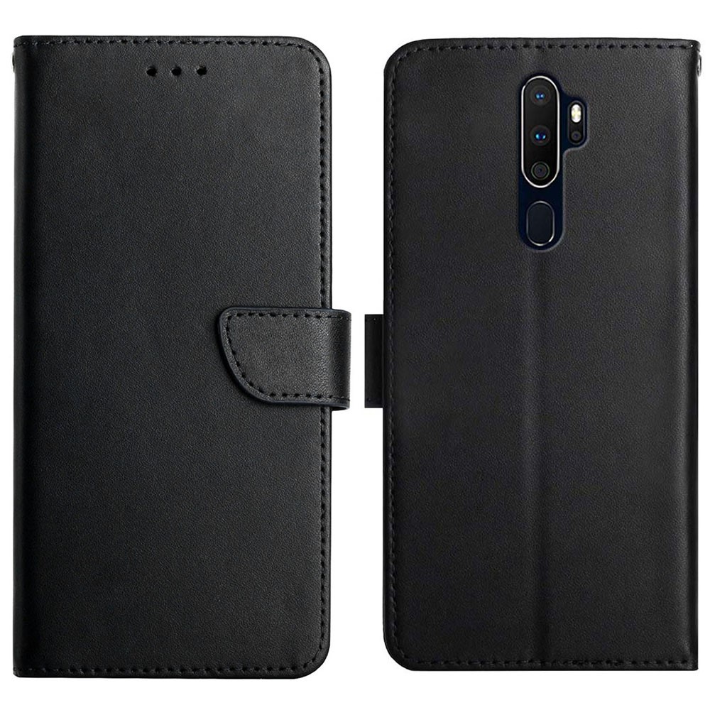 For Oppo A9 (2020)/A5 (2020) Shockproof Nappa Texture Solid Color Horizontal Stand Wallet Case Genuine Leather Outer Cover + Soft TPU Flip Phone Shell - Black-1