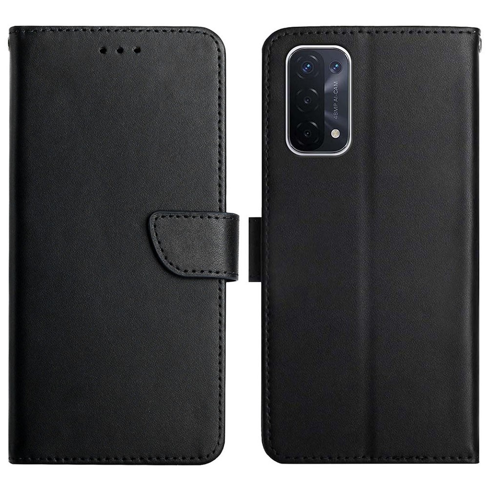 Scratch-resistant Nappa Texture Solid Color Horizontal Stand Wallet Case Genuine Leather + Soft TPU Inner Shell for Oppo A93A54/A74 5G - Black-1