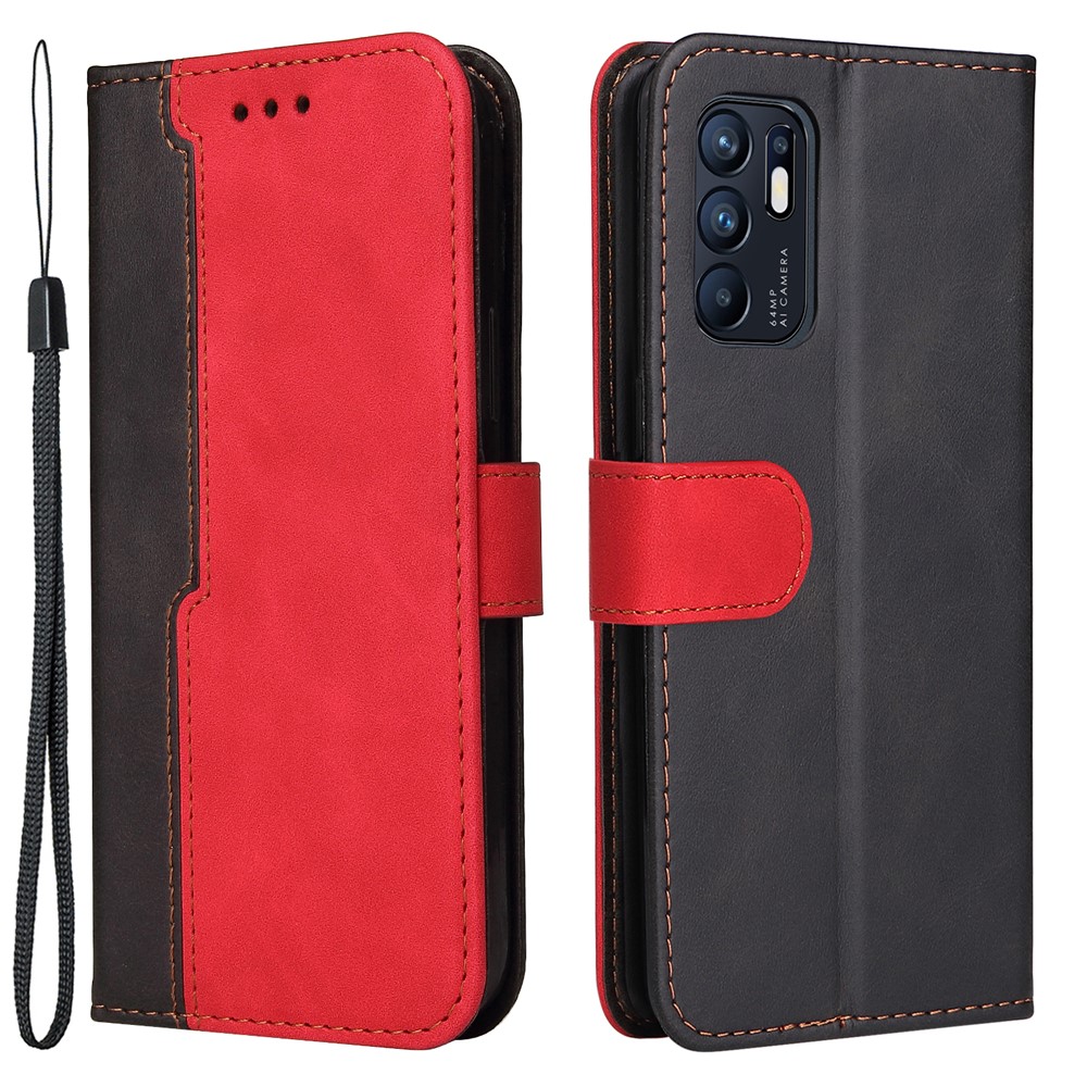 Magnetic Closure Business Style Splicing Dual-color Stand Wallet Protective Phone Cover for Oppo Reno6 4G - Red-1