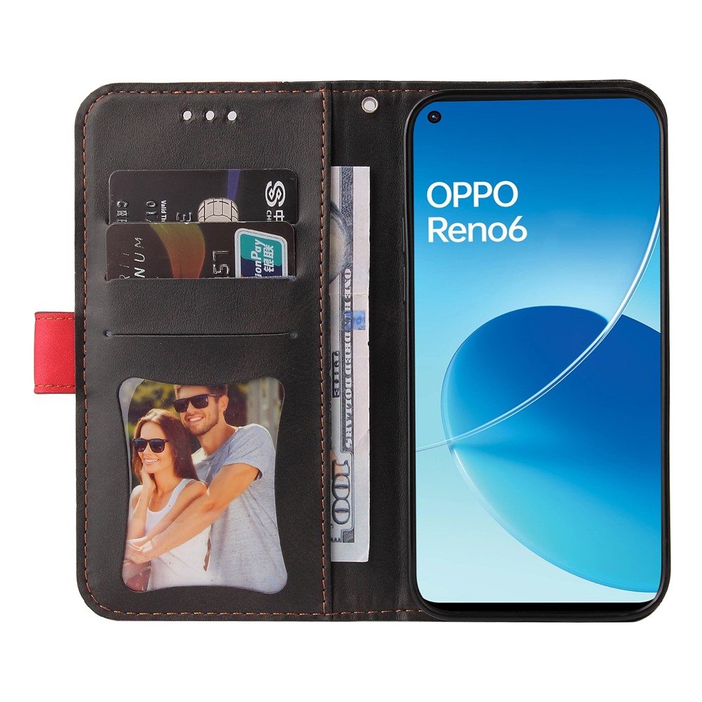 Magnetic Closure Business Style Splicing Dual-color Stand Wallet Protective Phone Cover for Oppo Reno6 4G - Red-4