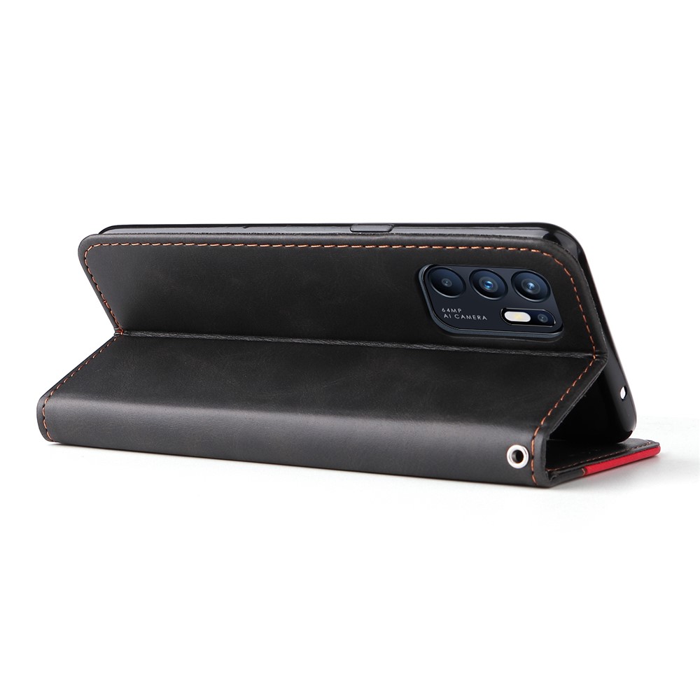 Magnetic Closure Business Style Splicing Dual-color Stand Wallet Protective Phone Cover for Oppo Reno6 4G - Red-5