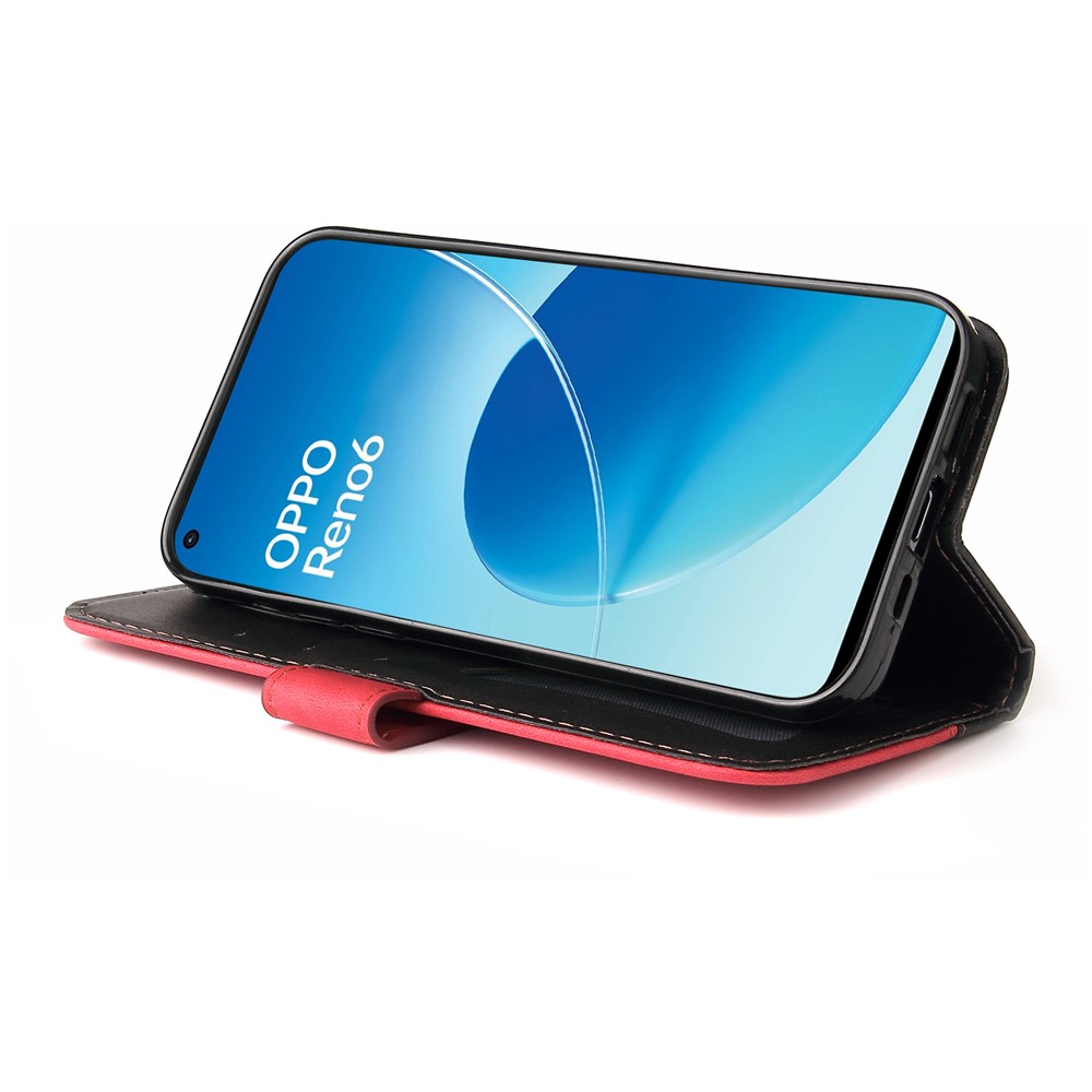 Magnetic Closure Business Style Splicing Dual-color Stand Wallet Protective Phone Cover for Oppo Reno6 4G - Red-6
