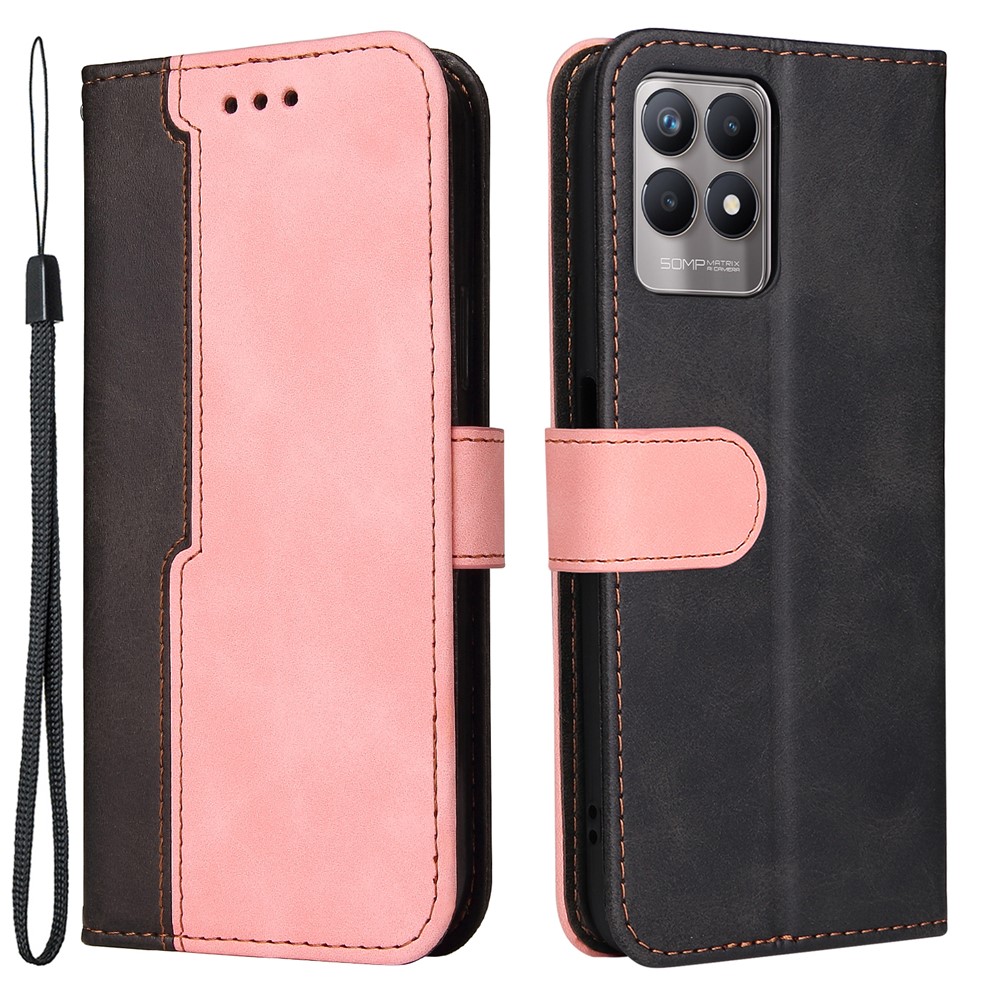 All-round Protection Business Style Splicing Dual-color Anti-fall Stand Wallet Design Phone Shell for Realme 8i - Pink-1