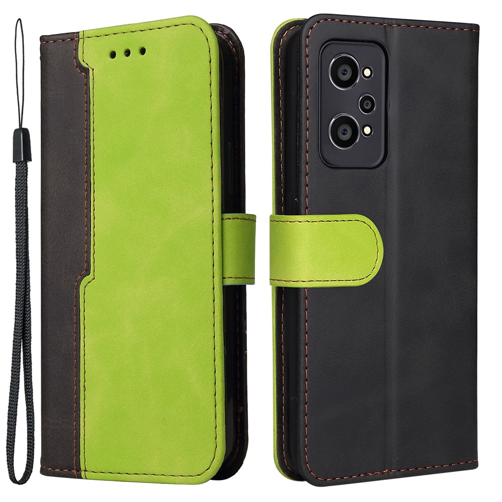 Scratch-resistant Drop-proof Business Style Splicing Dual-color Stand Wallet Design Phone Case for Realme GT Neo2 - Green-1