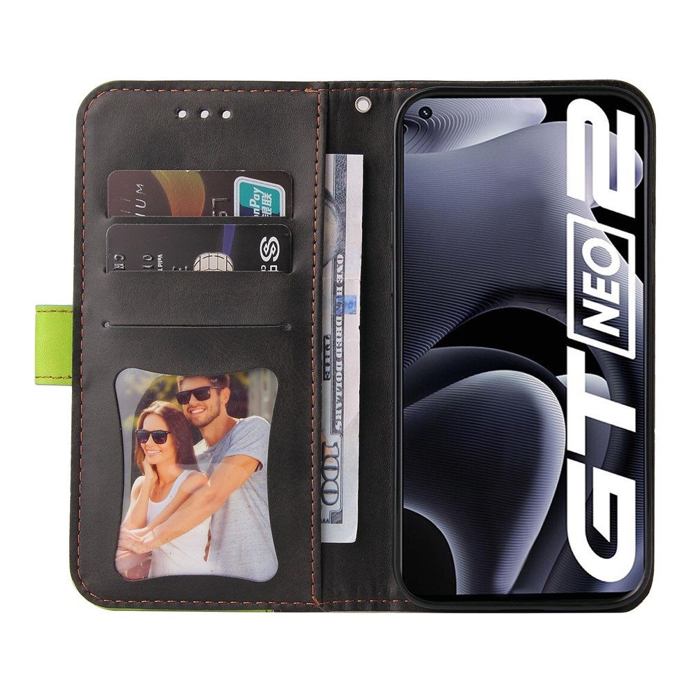 Scratch-resistant Drop-proof Business Style Splicing Dual-color Stand Wallet Design Phone Case for Realme GT Neo2 - Green-4