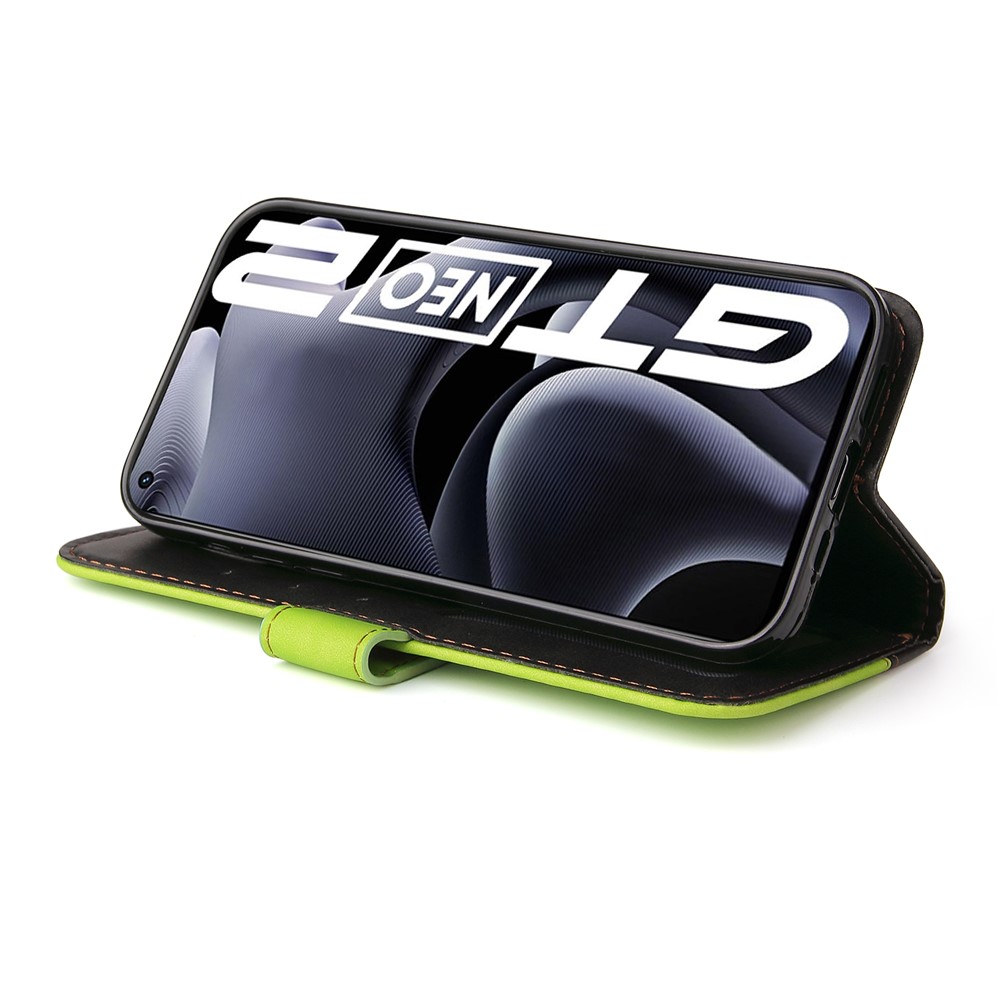 Scratch-resistant Drop-proof Business Style Splicing Dual-color Stand Wallet Design Phone Case for Realme GT Neo2 - Green-6