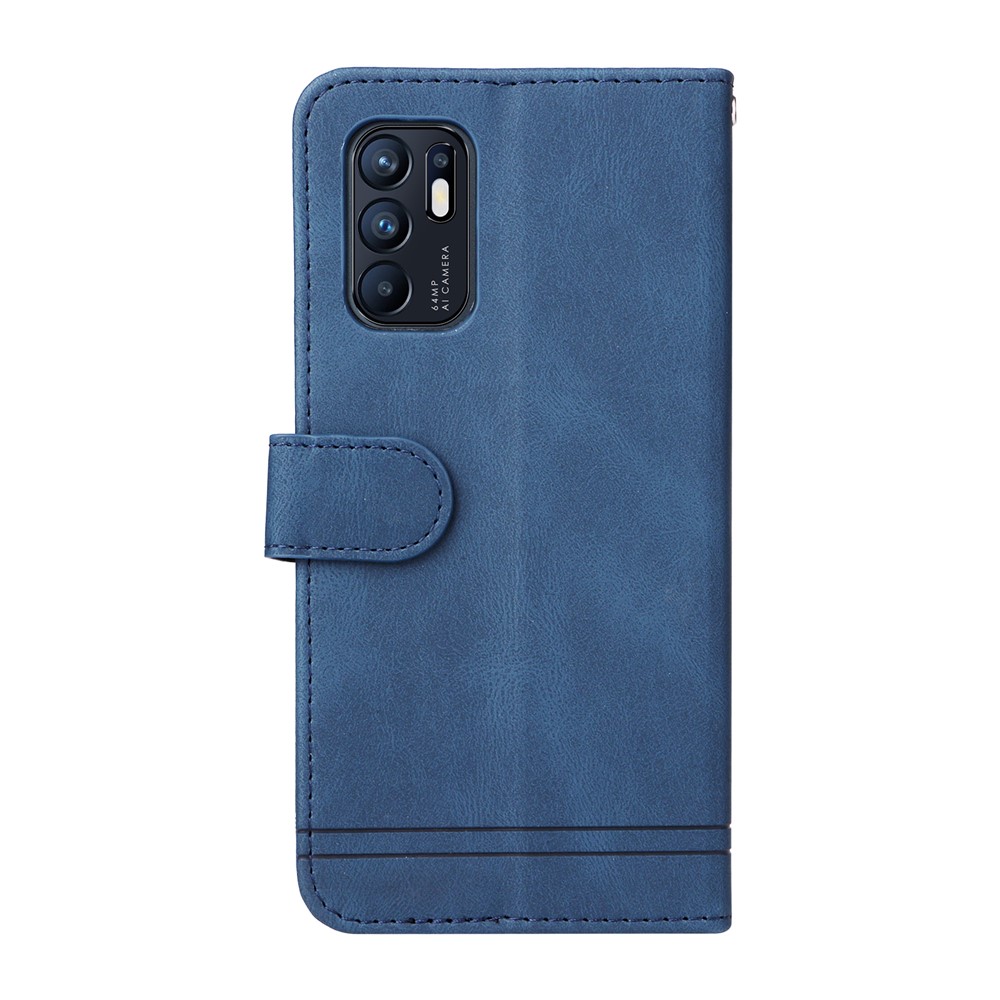Supporting Stand Retro Tree Pattern Metal Button Decor Wallet PU Leather Phone Case Cover for Oppo Reno6 4G - Blue-3
