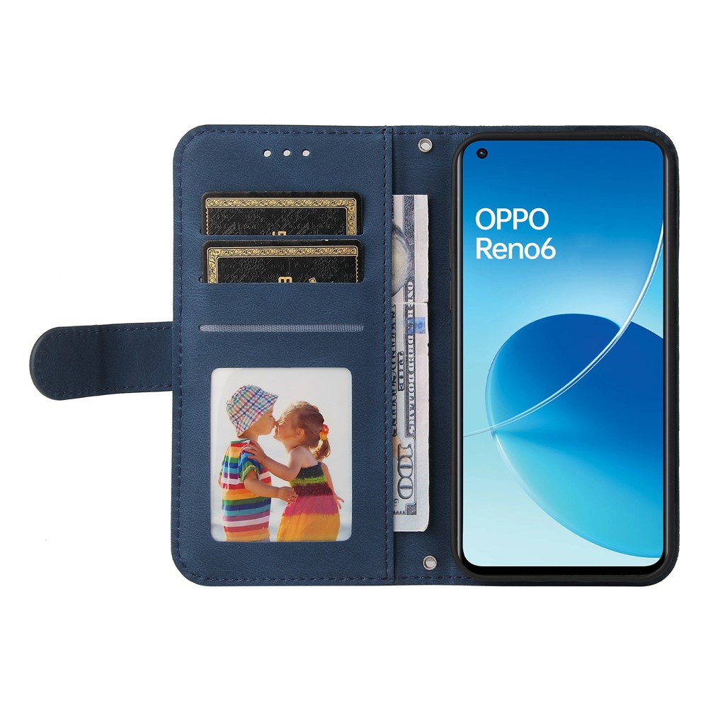 Supporting Stand Retro Tree Pattern Metal Button Decor Wallet PU Leather Phone Case Cover for Oppo Reno6 4G - Blue-4
