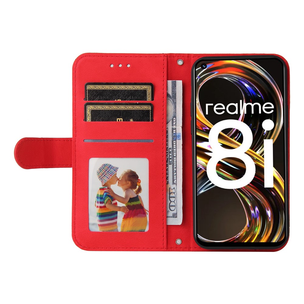 Card Slots Phone Flip Case Retro Tree Pattern Metal Button Decor Stand Wallet PU Leather+TPU Cover for Realme 8i - Red-4