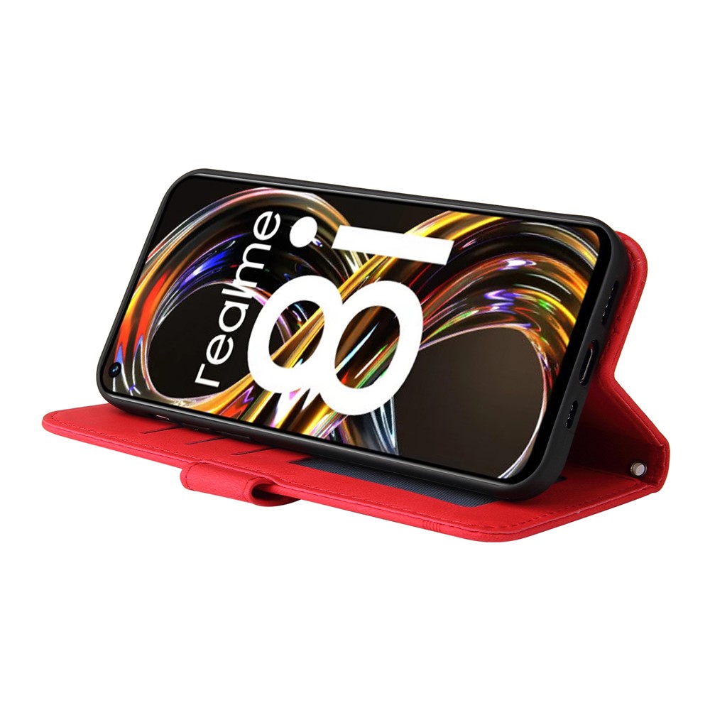 Card Slots Phone Flip Case Retro Tree Pattern Metal Button Decor Stand Wallet PU Leather+TPU Cover for Realme 8i - Red-5
