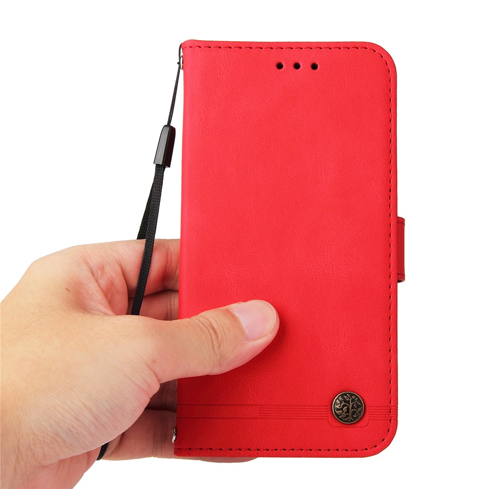 Card Slots Phone Flip Case Retro Tree Pattern Metal Button Decor Stand Wallet PU Leather+TPU Cover for Realme 8i - Red-7