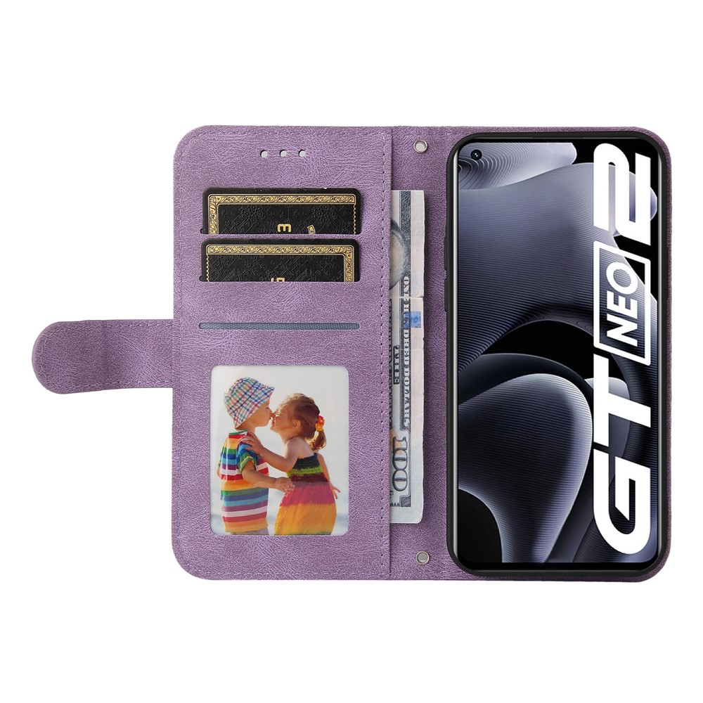 Retro Tree Pattern Metal Button Decor Stand Wallet PU Leather Phone Case Cover for Realme GT Neo2 - Purple-4