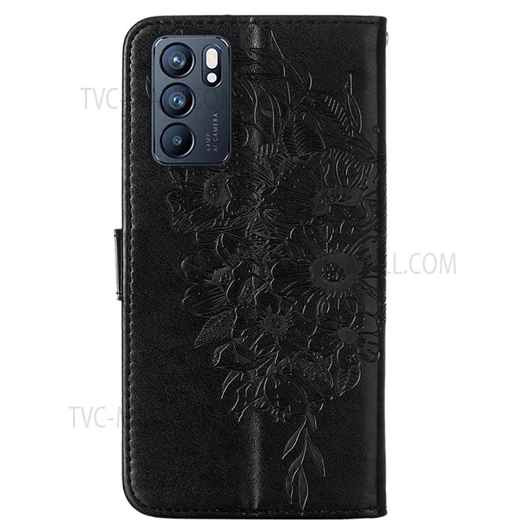 For Oppo Reno6 5G Dual-sided Magnetic Clasp Imprinting Butterfly Flower Stand Leather Cover with Strap - Black-3