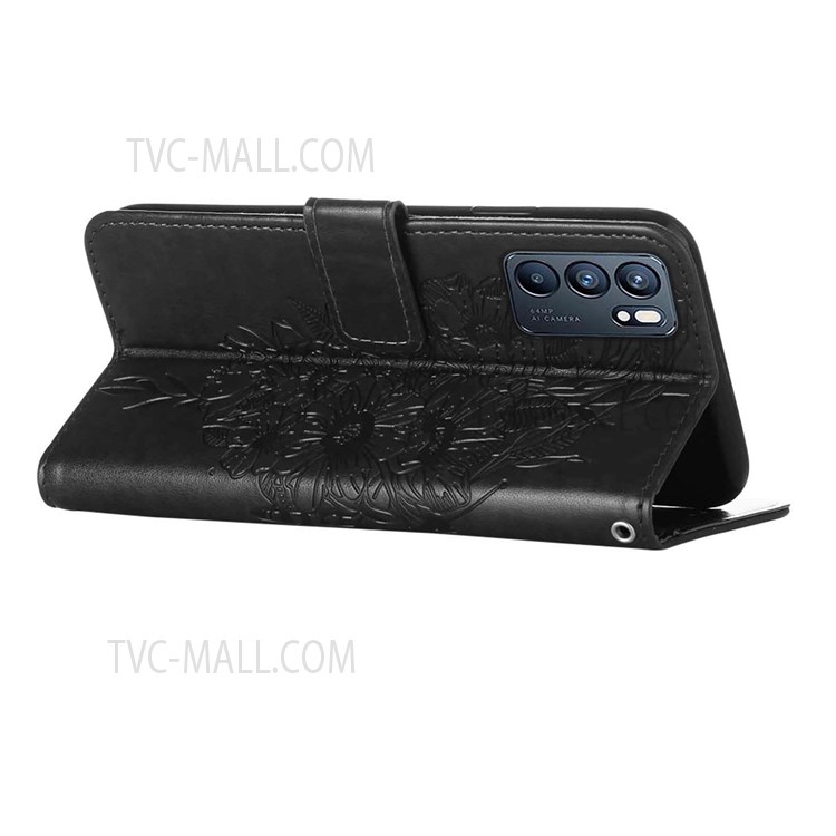 For Oppo Reno6 5G Dual-sided Magnetic Clasp Imprinting Butterfly Flower Stand Leather Cover with Strap - Black-5