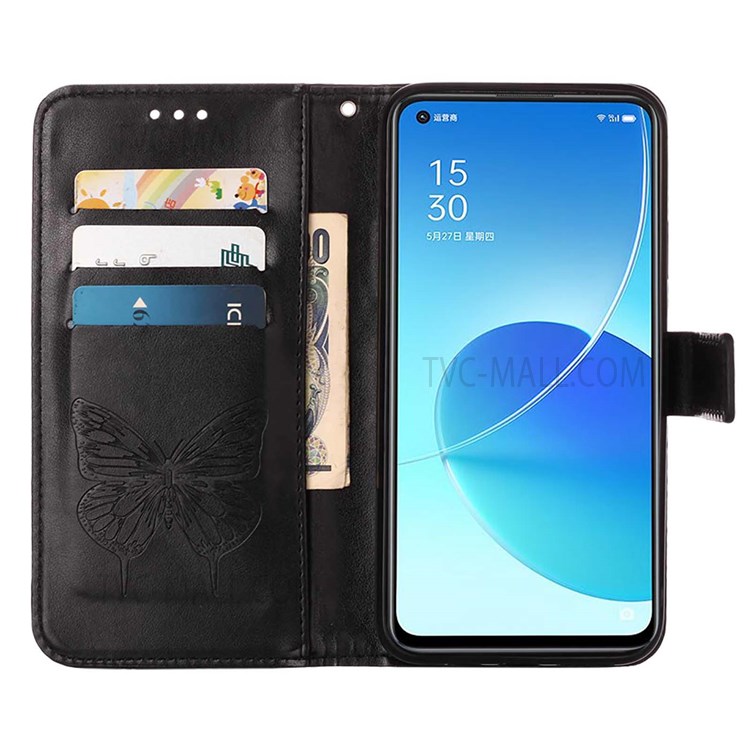For Oppo Reno6 5G Dual-sided Magnetic Clasp Imprinting Butterfly Flower Stand Leather Cover with Strap - Black-6