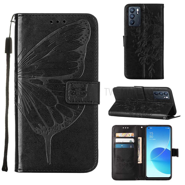 For Oppo Reno6 5G Dual-sided Magnetic Clasp Imprinting Butterfly Flower Stand Leather Cover with Strap - Black-7