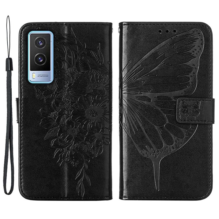 Hand Strap Wallet Design TPU Back Case Imprinting Big Butterfly Flower Pattern PU Leather Surface Stand Phone Cover for vivo V21e 5G - Black-1