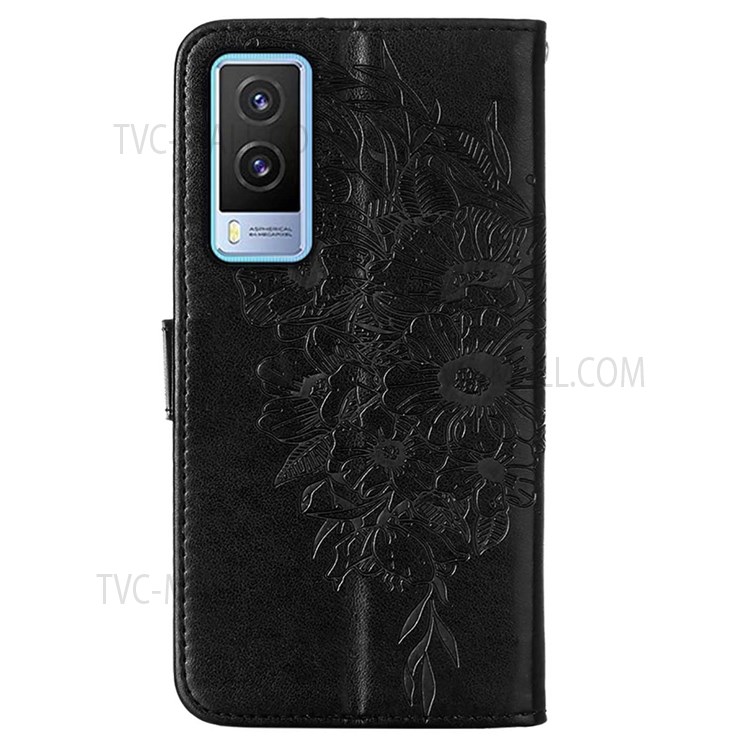 Hand Strap Wallet Design TPU Back Case Imprinting Big Butterfly Flower Pattern PU Leather Surface Stand Phone Cover for vivo V21e 5G - Black-3