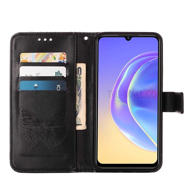 Hand Strap Wallet Design TPU Back Case Imprinting Big Butterfly Flower Pattern PU Leather Surface Stand Phone Cover for vivo V21e 5G - Black-6