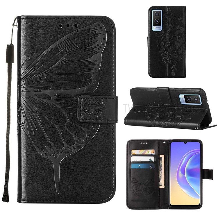 Hand Strap Wallet Design TPU Back Case Imprinting Big Butterfly Flower Pattern PU Leather Surface Stand Phone Cover for vivo V21e 5G - Black-7
