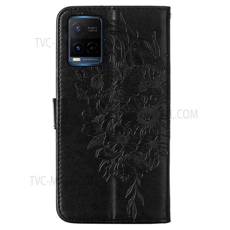 Wallet Design TPU and PU Leather Phone Case Imprinting Big Butterfly Flower Pattern Stand Phone Cover with Hand Strap for vivo Y21 / Y21s / Y33s - Black-3