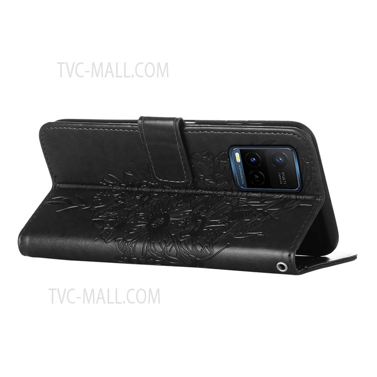 Wallet Design TPU and PU Leather Phone Case Imprinting Big Butterfly Flower Pattern Stand Phone Cover with Hand Strap for vivo Y21 / Y21s / Y33s - Black-5