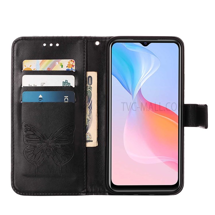 Wallet Design TPU and PU Leather Phone Case Imprinting Big Butterfly Flower Pattern Stand Phone Cover with Hand Strap for vivo Y21 / Y21s / Y33s - Black-6