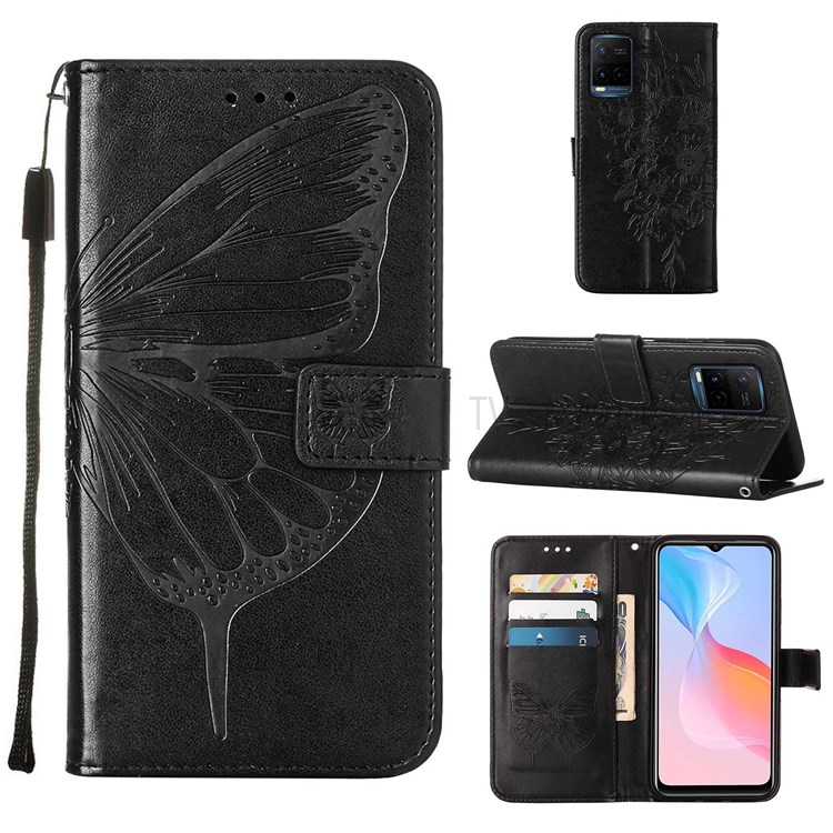 Wallet Design TPU and PU Leather Phone Case Imprinting Big Butterfly Flower Pattern Stand Phone Cover with Hand Strap for vivo Y21 / Y21s / Y33s - Black-7
