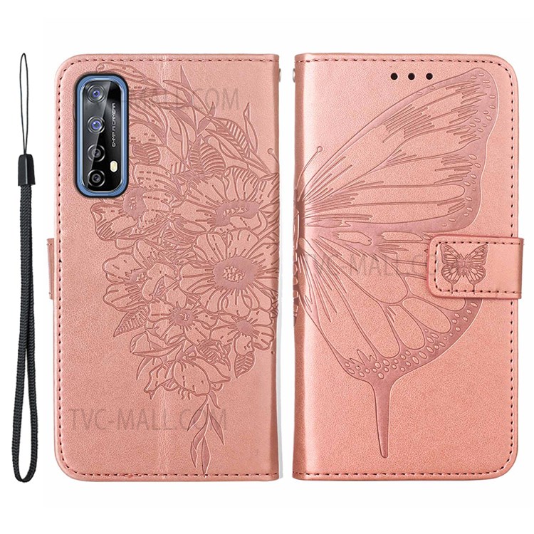 For Realme Narzo 20 Pro/7 (Asia)/(Global) Full Protection Imprinting Butterfly Flower Wallet Stylish Leather Case with Stand - Rose Gold-1