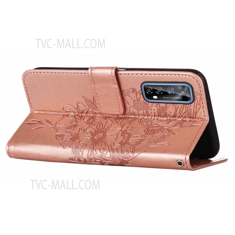 For Realme Narzo 20 Pro/7 (Asia)/(Global) Full Protection Imprinting Butterfly Flower Wallet Stylish Leather Case with Stand - Rose Gold-6
