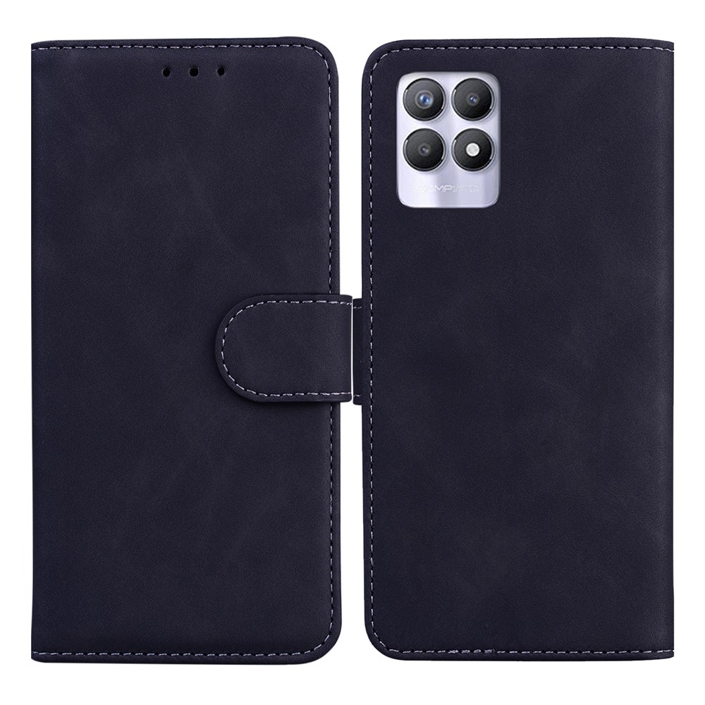 Solid Color Phone Case Premium PU Leather Wallet Flip Folio Shockproof Cover with Stand for Realme 8i - Black-1