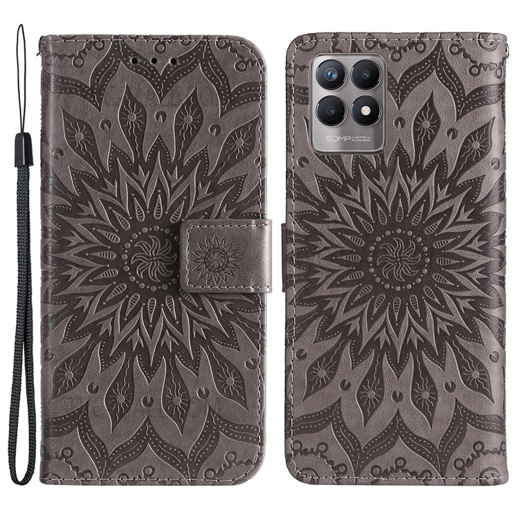Imprinting Mandala Sun Pattern Leather Case Wallet Stand Phone Shell with Wrist Strap for Realme 8i - Grey-1