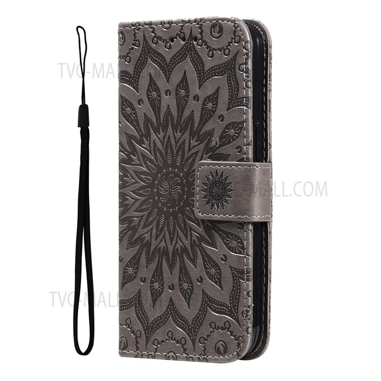 Imprinting Mandala Sun Pattern Leather Case Wallet Stand Phone Shell with Wrist Strap for Realme 8i - Grey-2
