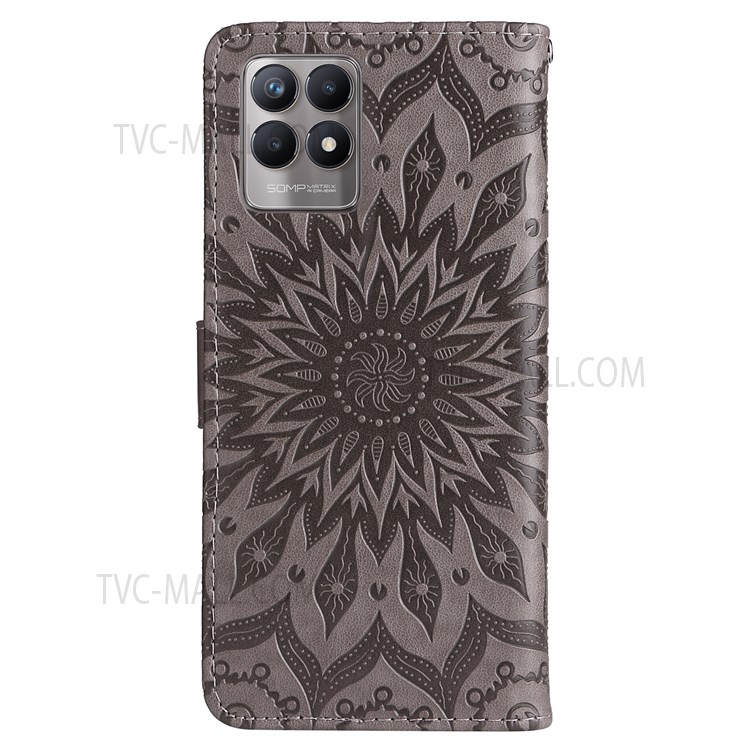 Imprinting Mandala Sun Pattern Leather Case Wallet Stand Phone Shell with Wrist Strap for Realme 8i - Grey-4