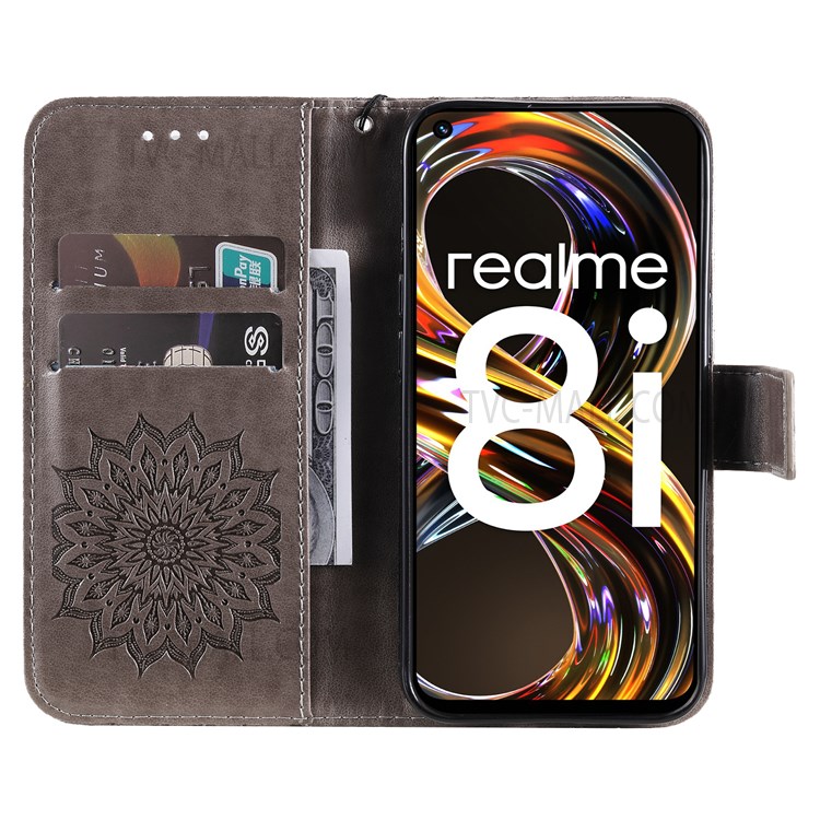 Imprinting Mandala Sun Pattern Leather Case Wallet Stand Phone Shell with Wrist Strap for Realme 8i - Grey-5