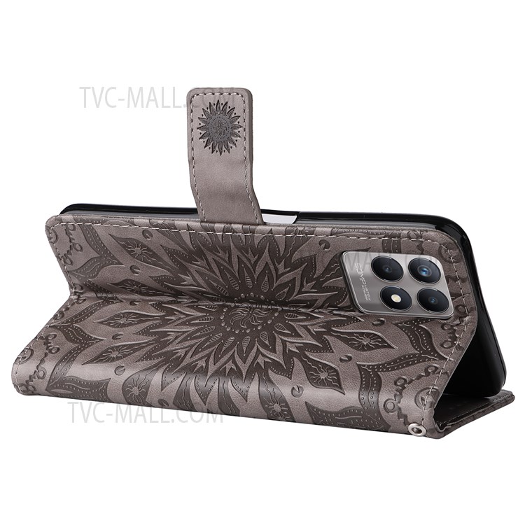 Imprinting Mandala Sun Pattern Leather Case Wallet Stand Phone Shell with Wrist Strap for Realme 8i - Grey-7