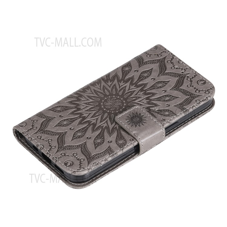 Imprinting Mandala Sun Pattern Leather Case Wallet Stand Phone Shell with Wrist Strap for Realme 8i - Grey-8