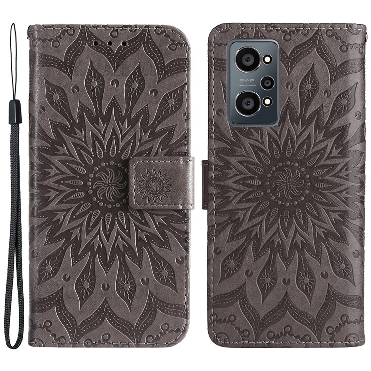 Mandala Sun Imprinted PU Leather Wallet Stand Cover Inner TPU Phone Case with Wrist Strap for Realme GT Neo2 - Grey-1