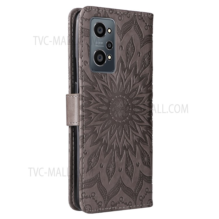 Mandala Sun Imprinted PU Leather Wallet Stand Cover Inner TPU Phone Case with Wrist Strap for Realme GT Neo2 - Grey-3