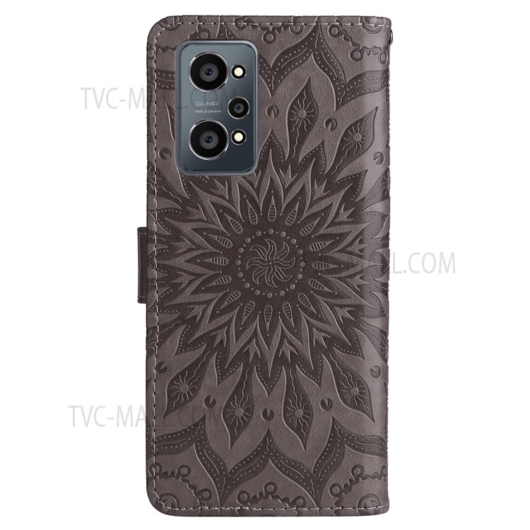 Mandala Sun Imprinted PU Leather Wallet Stand Cover Inner TPU Phone Case with Wrist Strap for Realme GT Neo2 - Grey-4