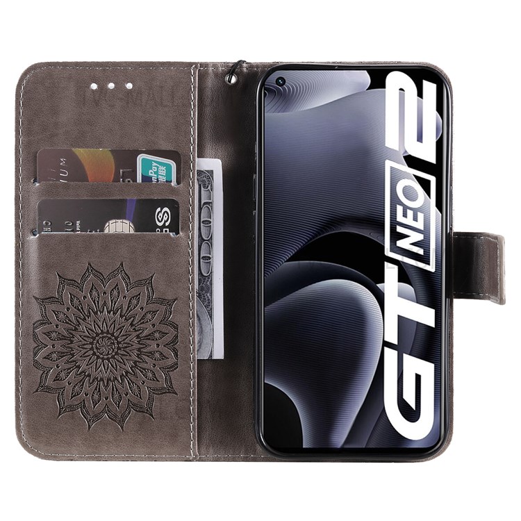 Mandala Sun Imprinted PU Leather Wallet Stand Cover Inner TPU Phone Case with Wrist Strap for Realme GT Neo2 - Grey-5