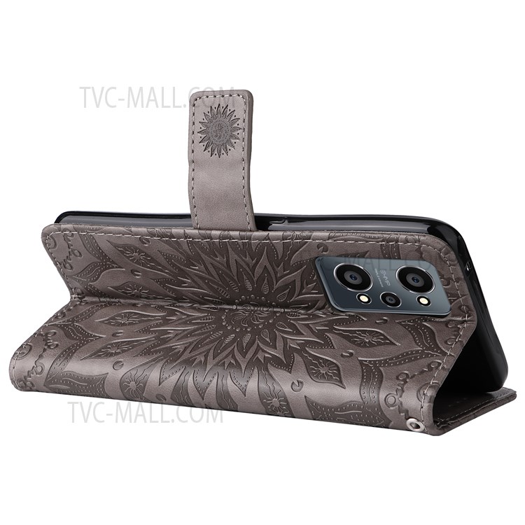 Mandala Sun Imprinted PU Leather Wallet Stand Cover Inner TPU Phone Case with Wrist Strap for Realme GT Neo2 - Grey-7