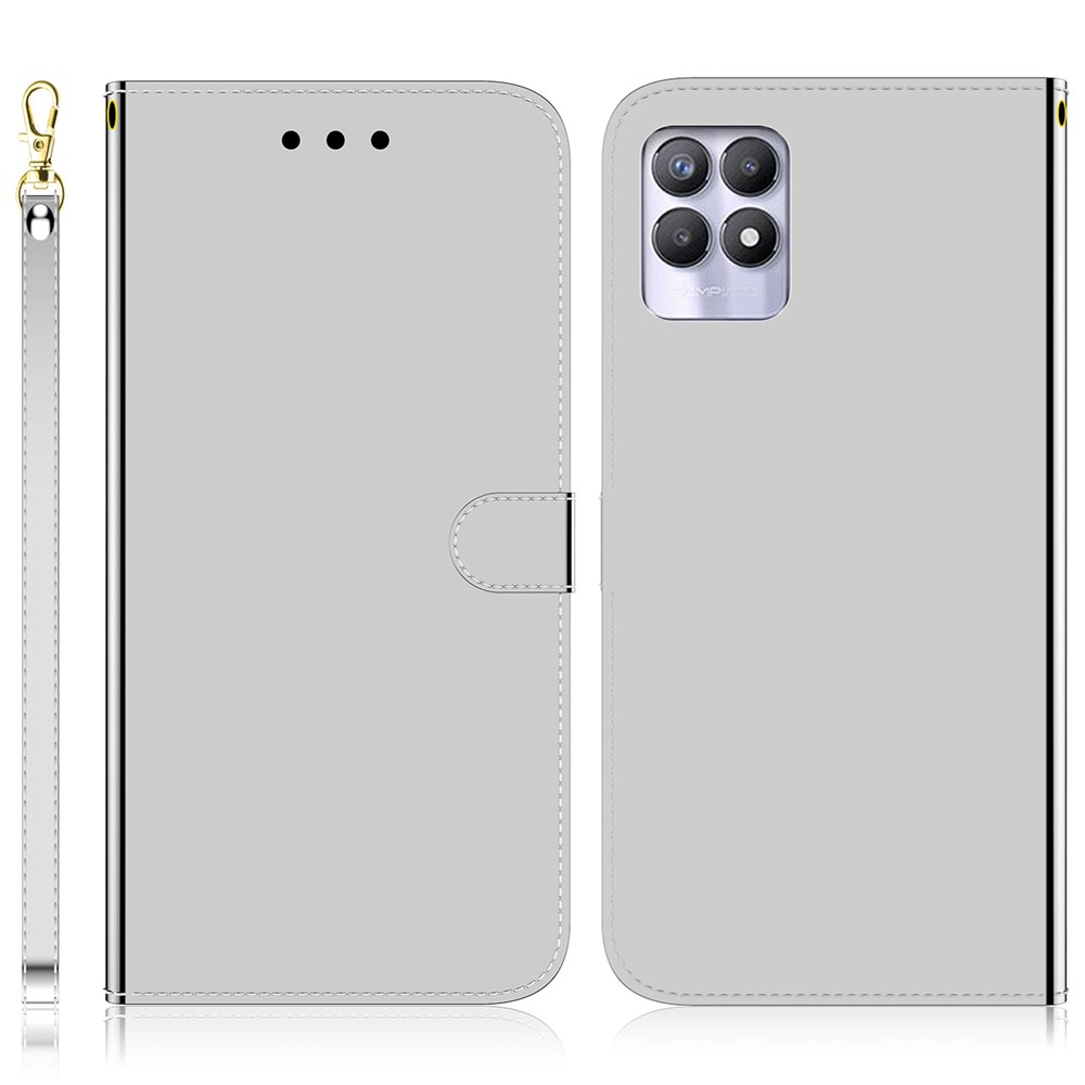 Scratch-resistant TPU+PU Leather Phone Case Mirror-like Surface Wallet Stand Phone Cover for Realme 8i - Silver-1